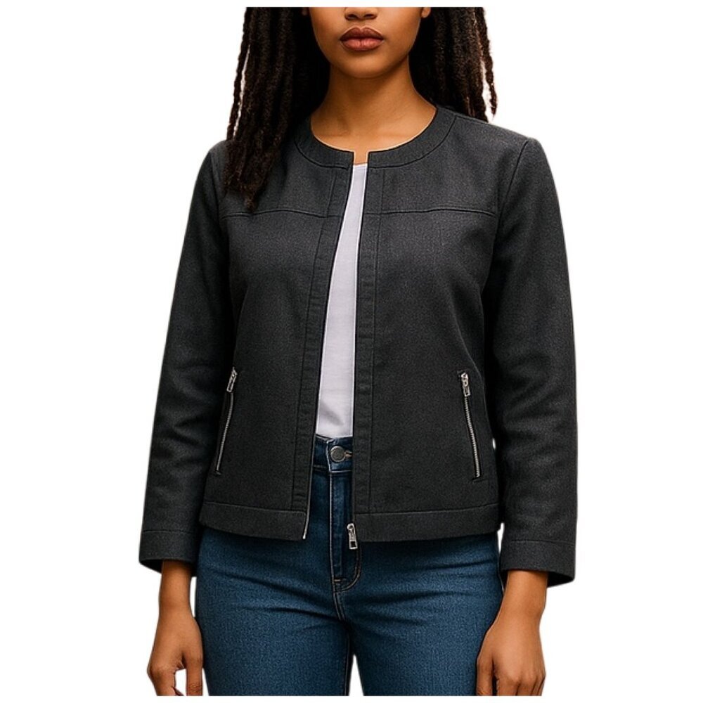 St. John Smokey Gray Denim Jacket Zipper Front and Zipper Pockets Womens Sz M